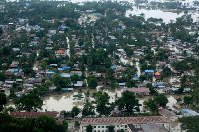 သြဂုတ်လဆန်းပိုင်းက ကလေးမြို့ ရေကြီးမှု အခြေအနေကို ဝေဟင်မှ တွေ့ရစဉ်၊ ဓါတ်ပုံ - ဟောင်ဆာ (ရာမည)