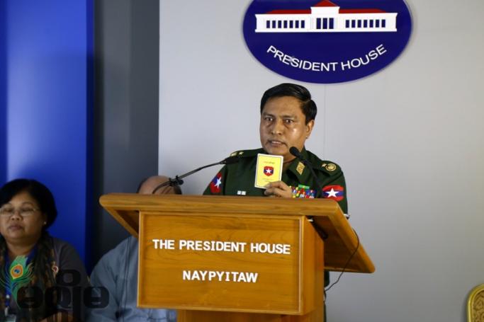 နိုင်ငံတော်အတိုင်ပင်ခံရုံး သတင်းထုတ်ပြန်ရေးကော်မတီ၏ ဒုတိယဥက္ကဌဖြစ်သူ ဗိုလ်ချုပ်စိုးနိုင်ဦး(ဓာတ်ပုံ- မင်းမင်း/မဇ္ဈိမ)