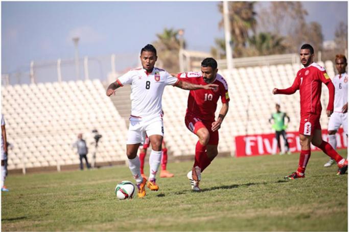 လက်ဘနွန်နှင့်မြန်မာအသင်းတို့ အကြိတ်အနယ်ယှဉ်ပြိုင်ကစားနေစဉ်။ (ဓာတ်ပုံ- MFF)