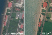 Left: The headquarters building at Cambodia's Ream Naval Base as it stood on Aug. 22. Right: The demolished site on Oct. 1. (Photo courtesy of CSIS) 